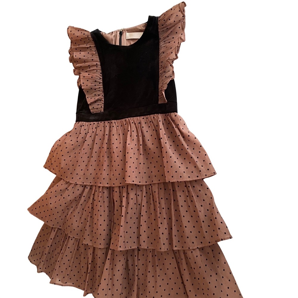 Rachel Parcell Kids Velvet Polka Dot Ruffle Dress Size 7 Fancy Party Girls Brown